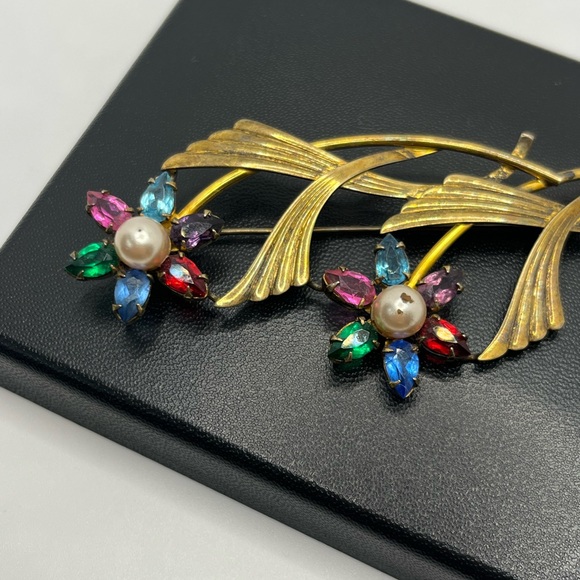 Flower SYMMETALIC rhinestone Vintage STERLING Silver 14KT Gold Brooch Pin - Picture 15 of 16